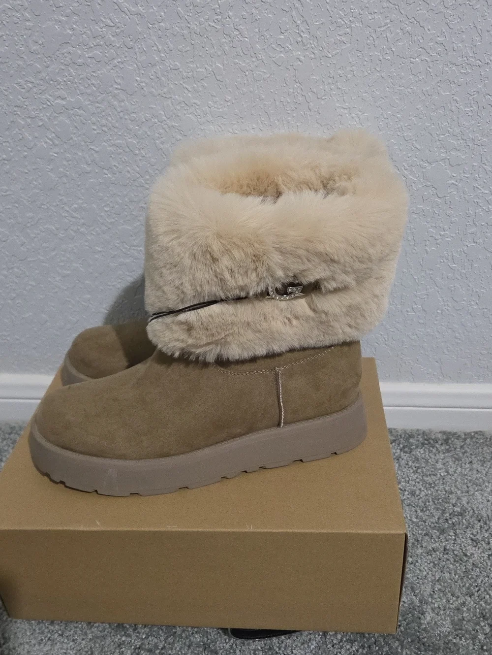 Suede Winter Fur-Trim Ankle Boots in Taupe